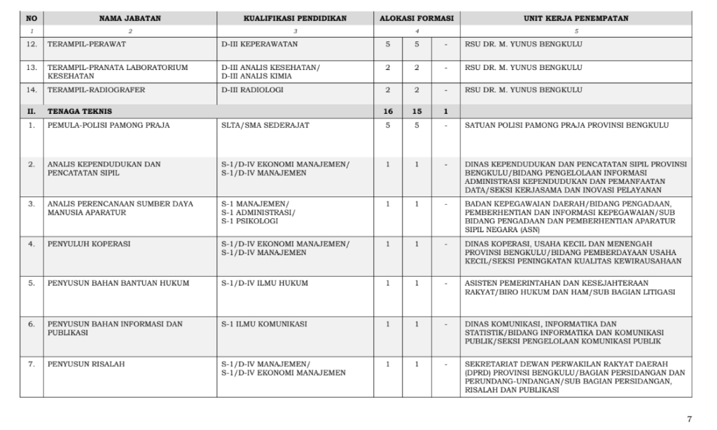 Formasi CPNS Bengkulu 2024